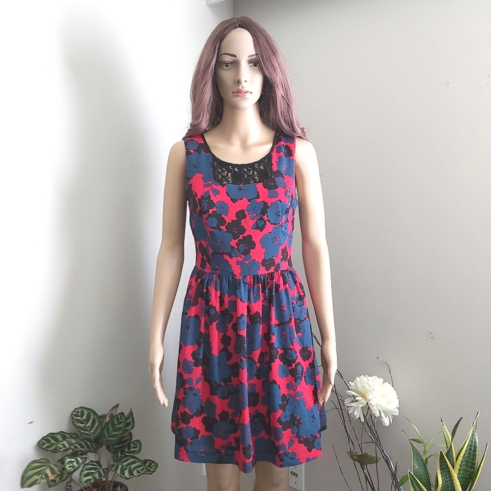 Kensie floral summer dress sleeveless blue red skater y2k